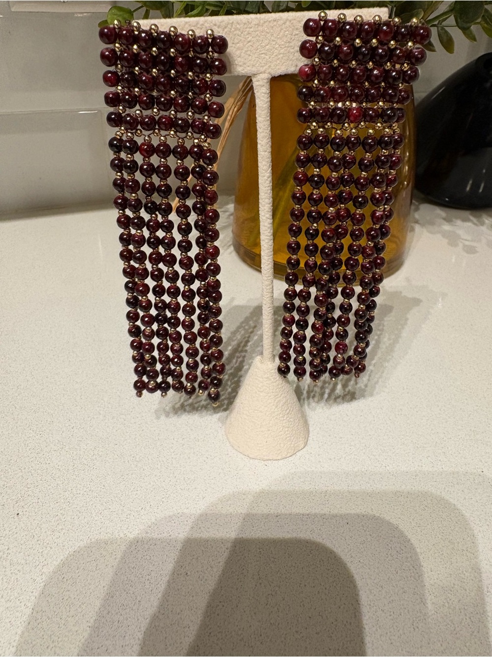 Mango Burgundy Beaded Fringe Earrings with Gold Accents - Picture 2 of 3